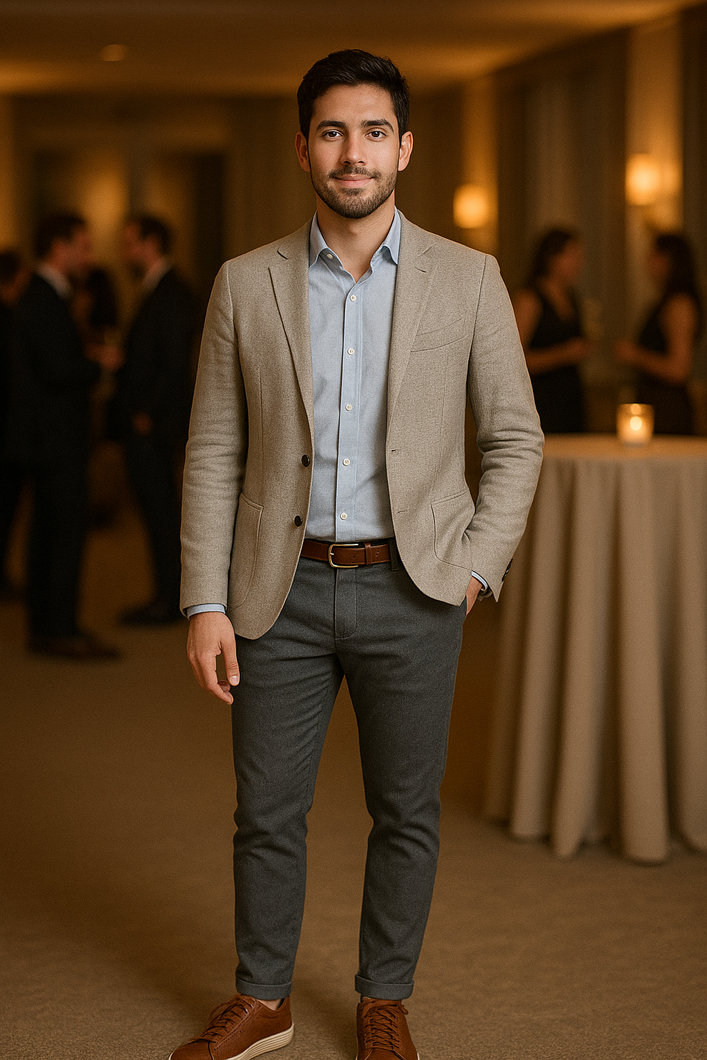 Blazer gris con camisa celeste